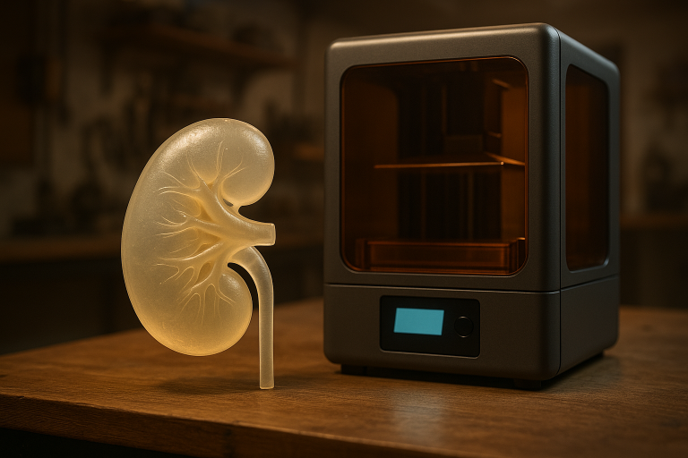 close-up of a translucent, resin-printed kidney model