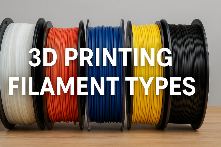 Header post showing 4 rolls of 3d filament and the wording written 3D Printing Filament types overlayed