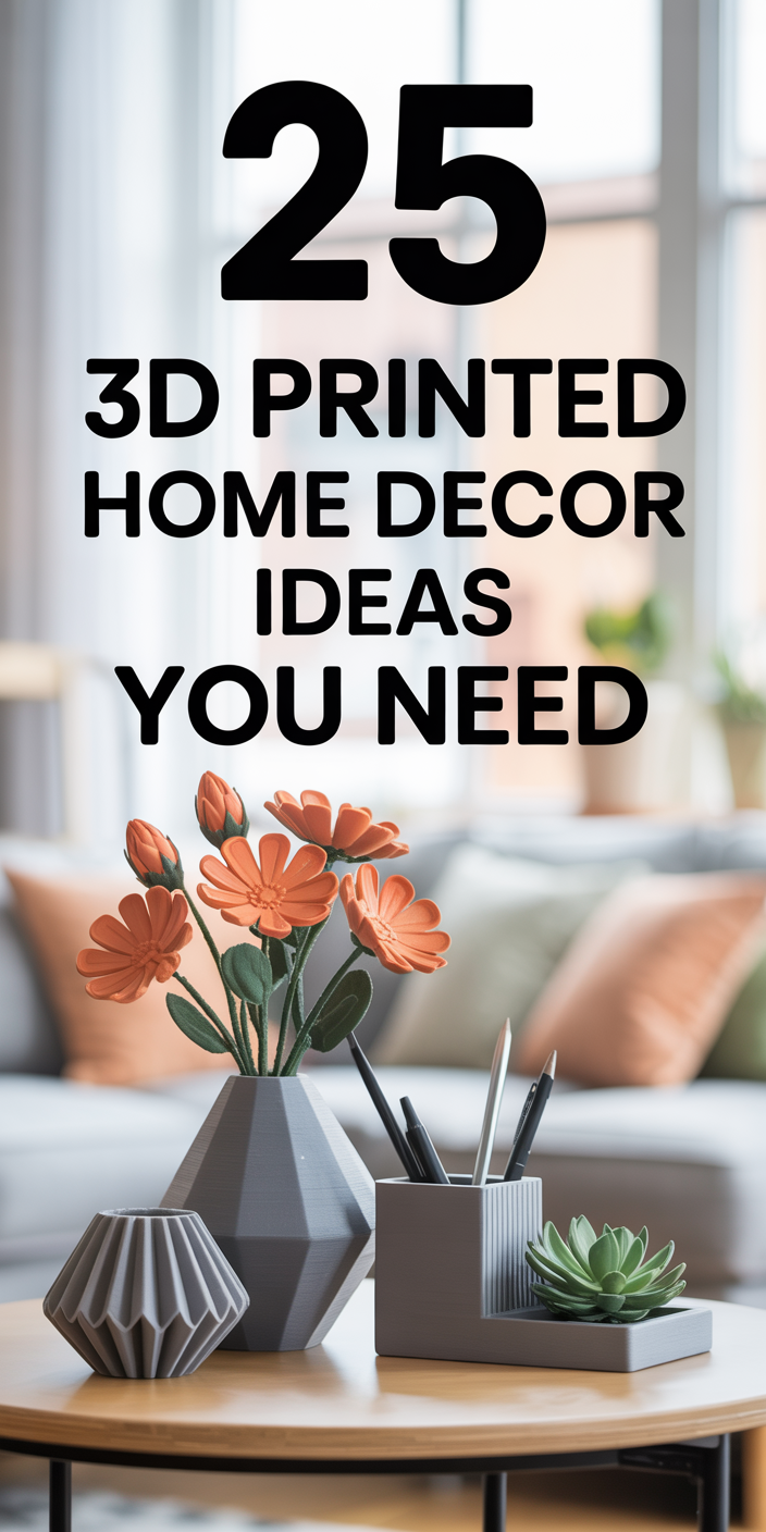 A pinterst style pin saying 25 3d printed home decor ideas you need