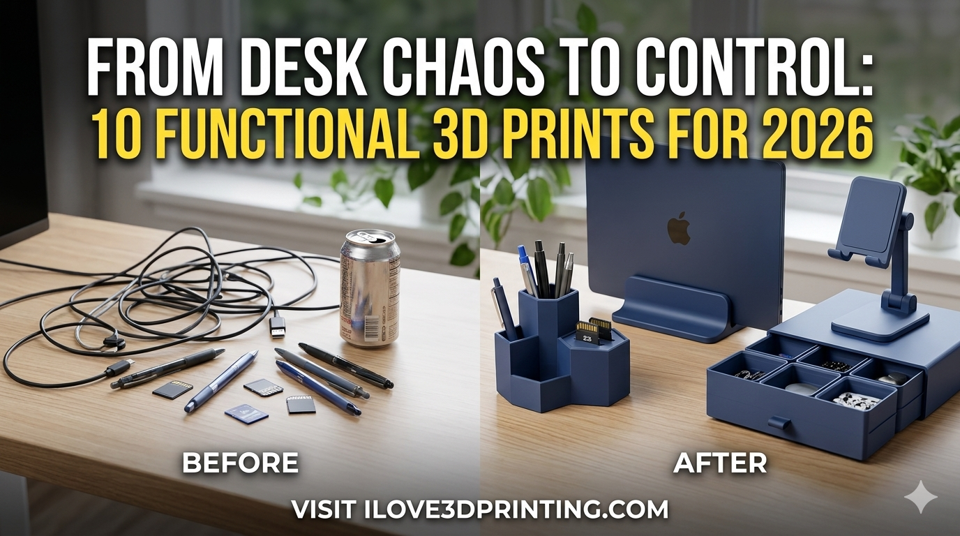 A 3D printer organizer showing a dramatic "Before & After" messy desk and an organized workspace with the text "From Desk Chaos to Control: 10 Functional 3D Prints for 2026.