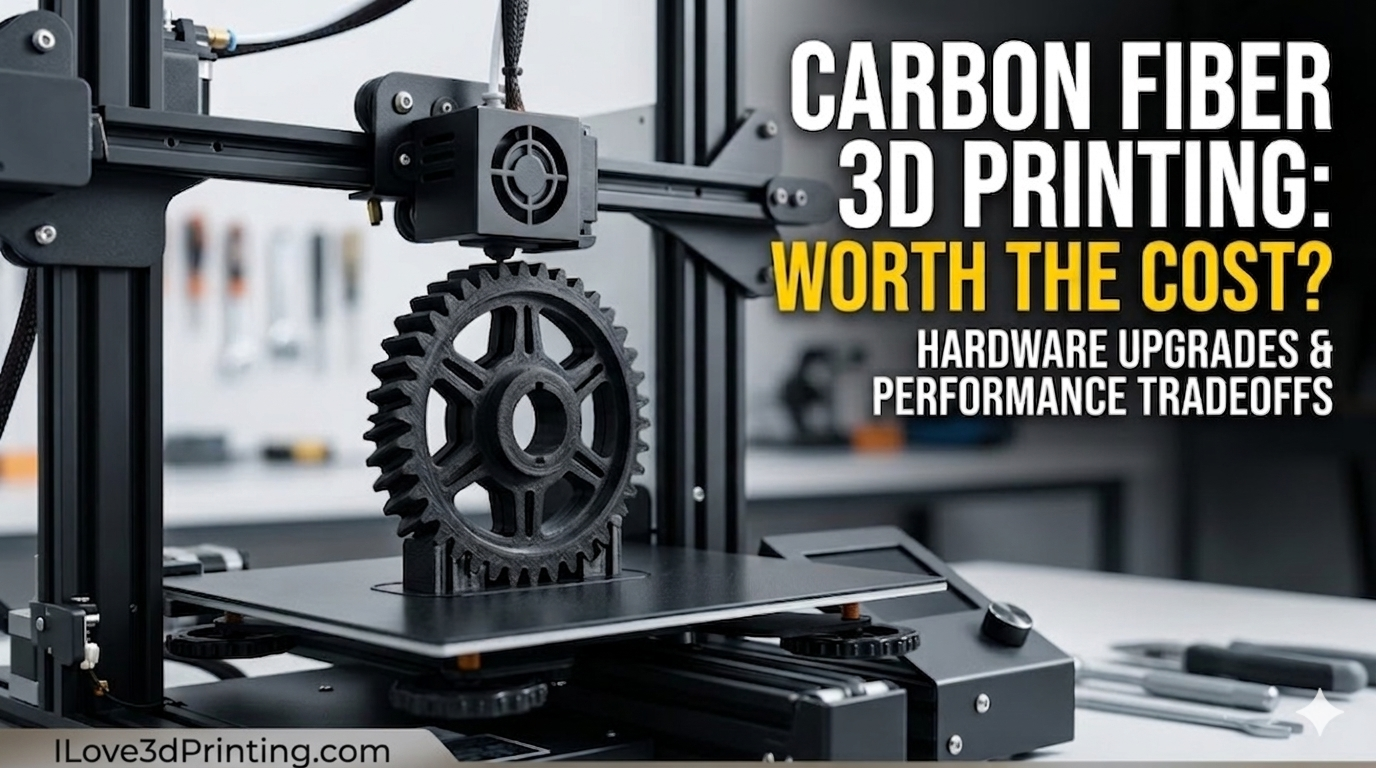A 3D printer completing a high-strength black carbon fiber gear on a build plate, featuring the text "Carbon Fiber 3D Printing: Worth the Cost?" and the ILove3dPrinting.com logo.