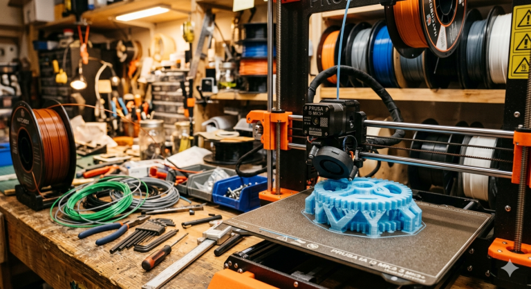 A close up of a 3d printer inna workshop environment