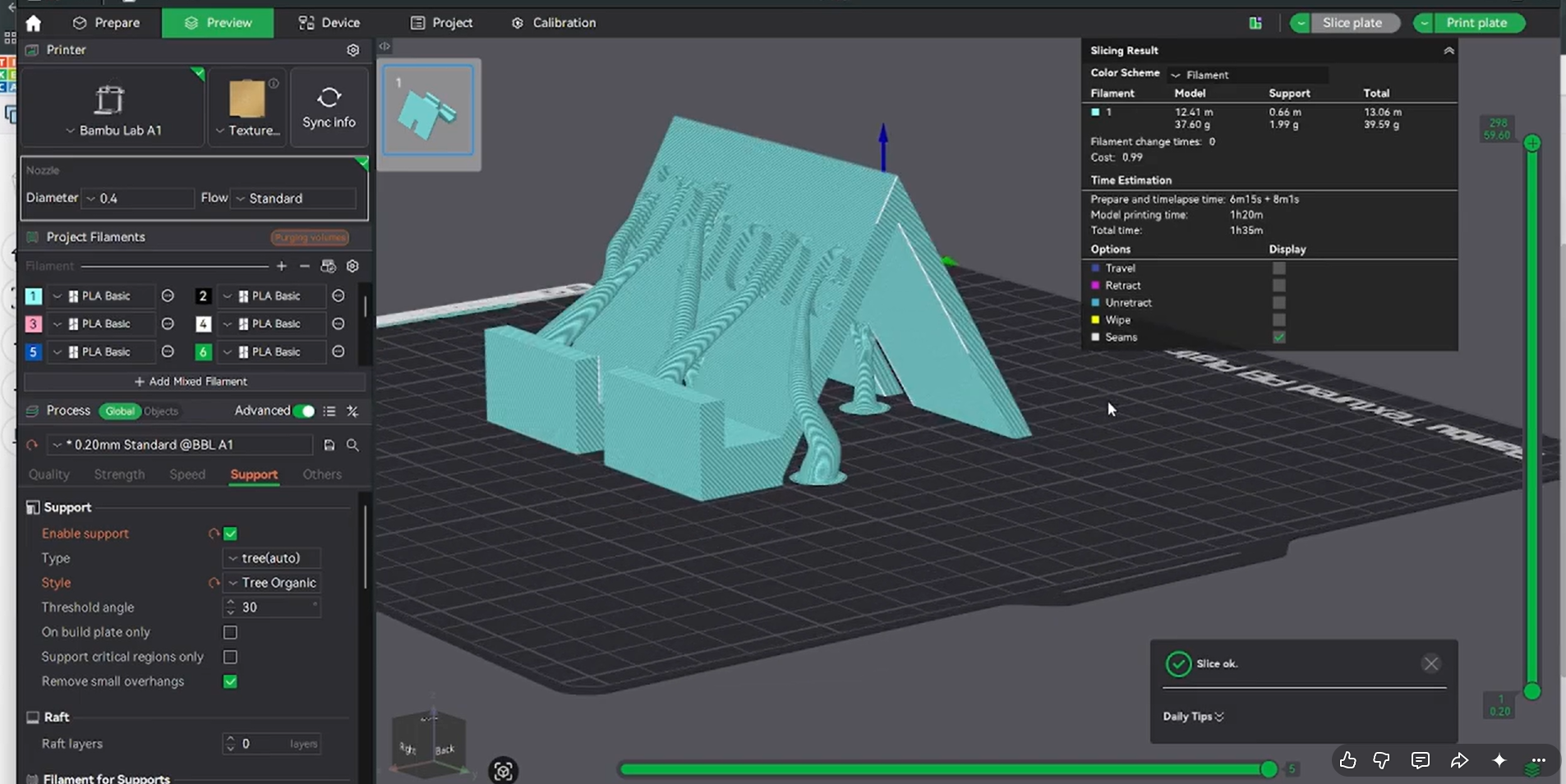 Bambu Studio slicing preview of the Tinkercad phone stand with tree supports